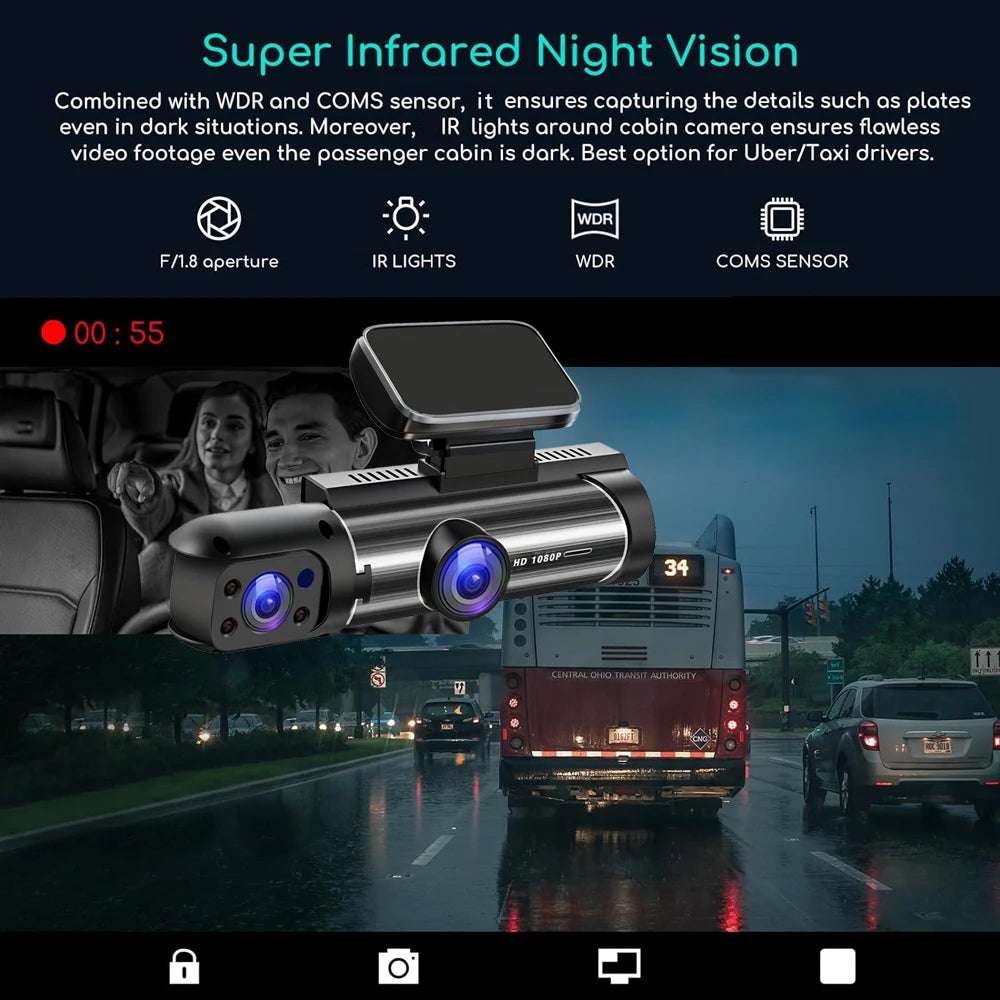 Dual Lens Dash Cam FHD 1080P Car DVR With Built In Screen