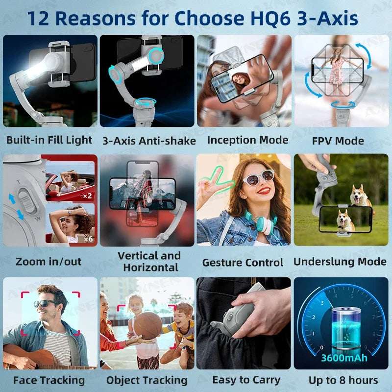 AXNEN HQ6 Smart 3Axis Smartphone Gimbal Vloggers Fill Light