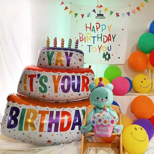 Large Birthday Three Layer Cake Foil Balloons Party Props